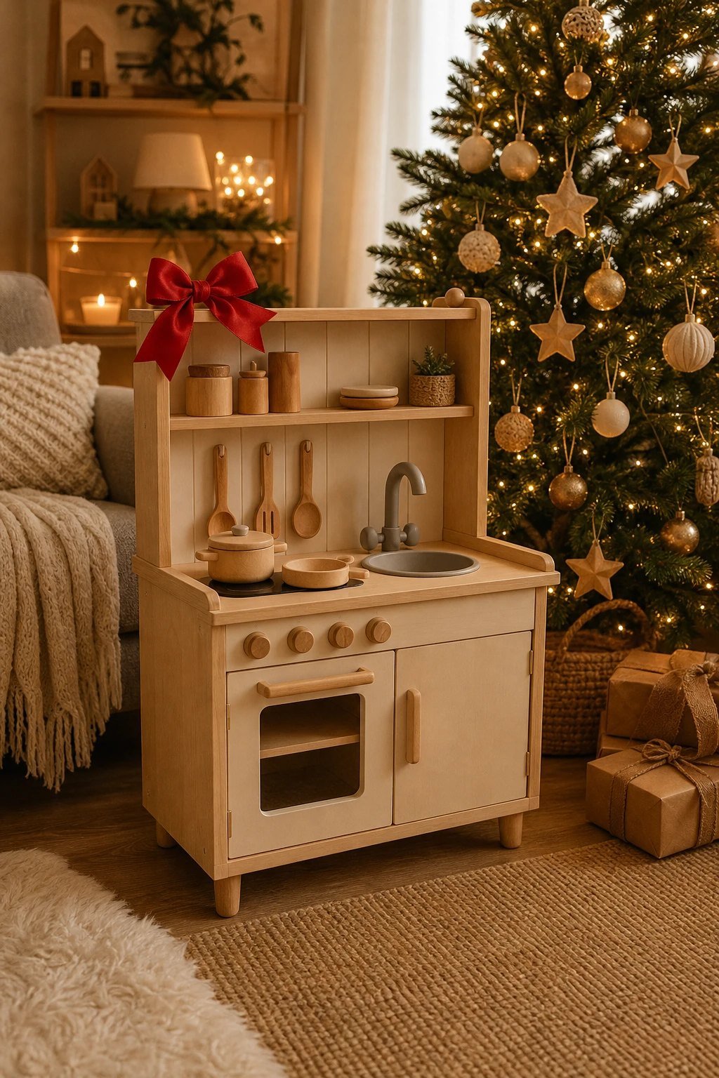 A small wooden children's play kitchen with tiny pots and pans and a red bow on top