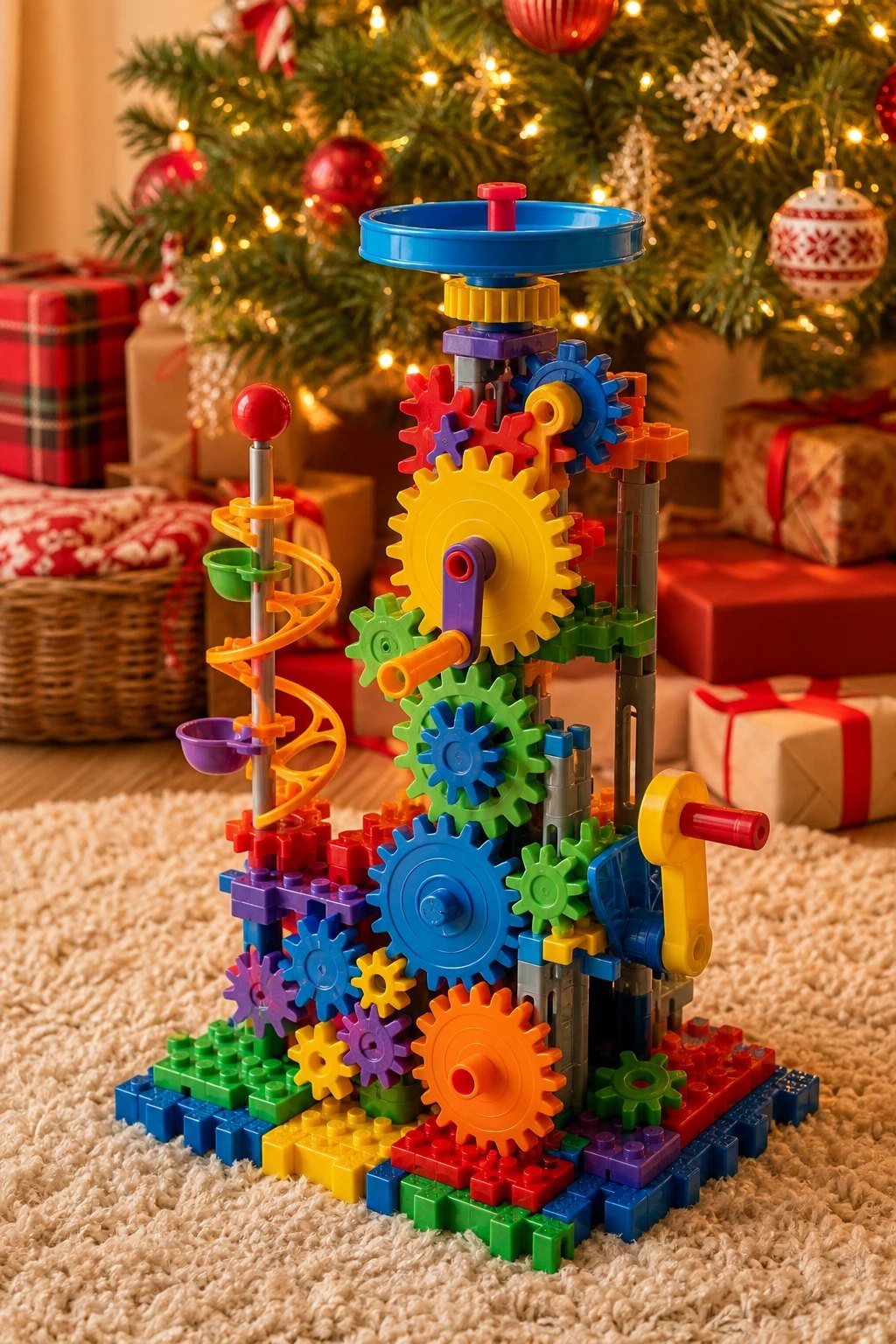 A colorful plastic gear building set with interlocking gears and cranks built into a spinning tower