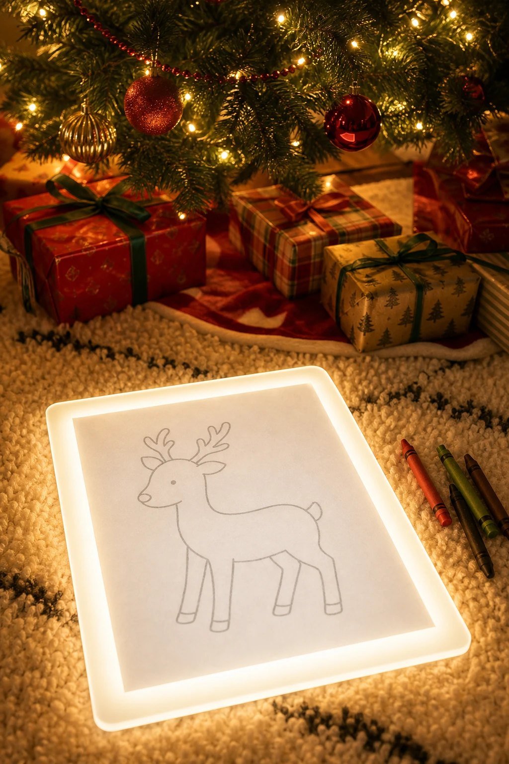 A glowing light up tracing pad with a simple reindeer outline traced on paper and a few crayons beside it