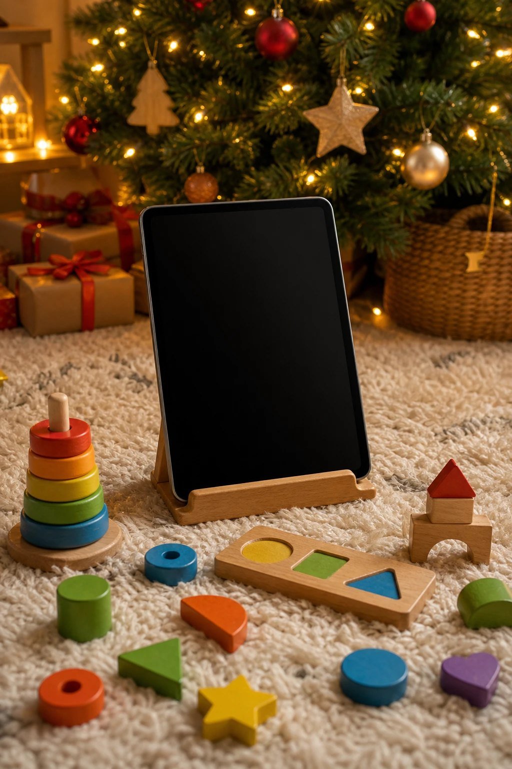 A tablet standing upright in a simple stand with colorful wooden game pieces and shapes laid out in front of it