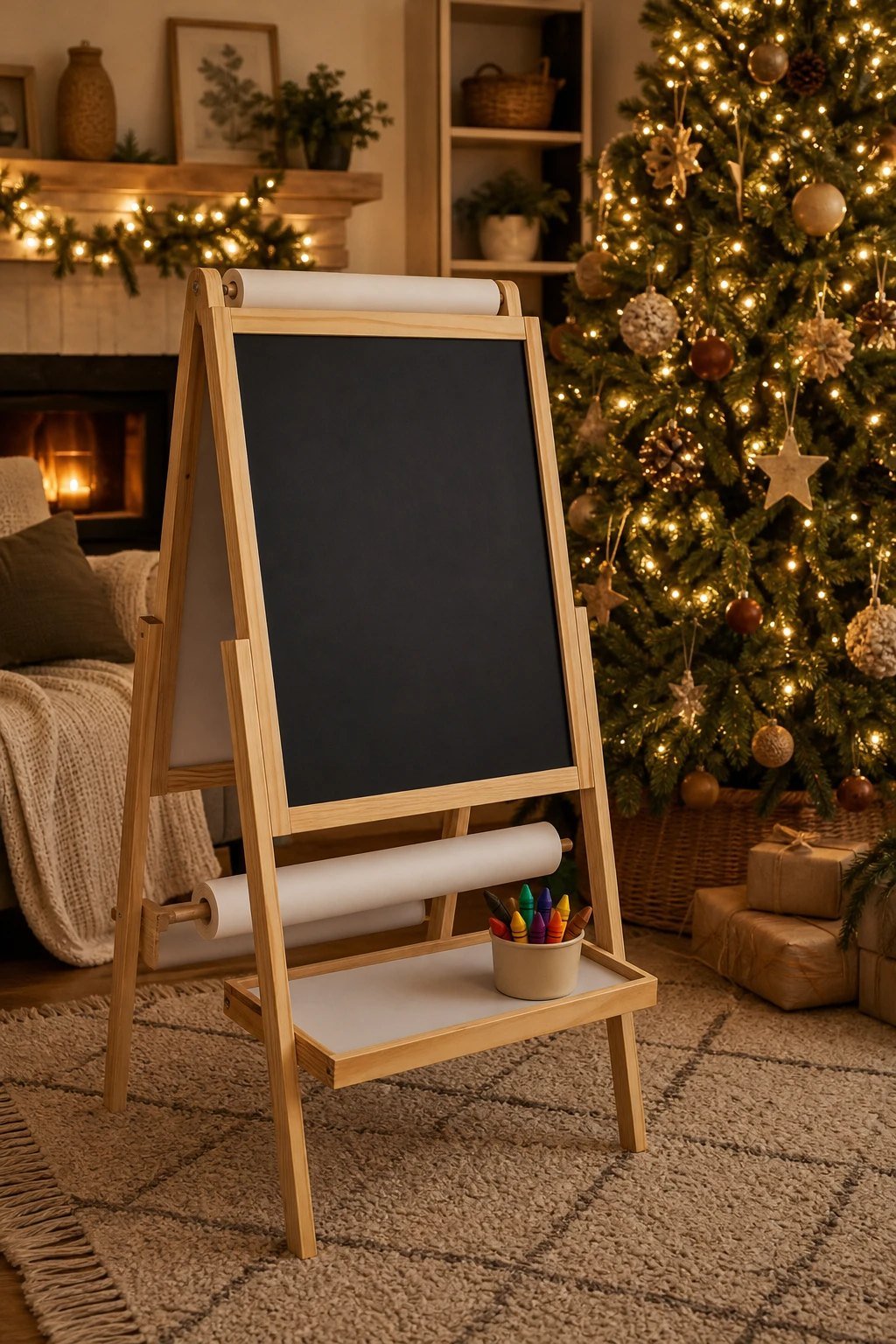 A double sided wooden standing art easel with a chalkboard side