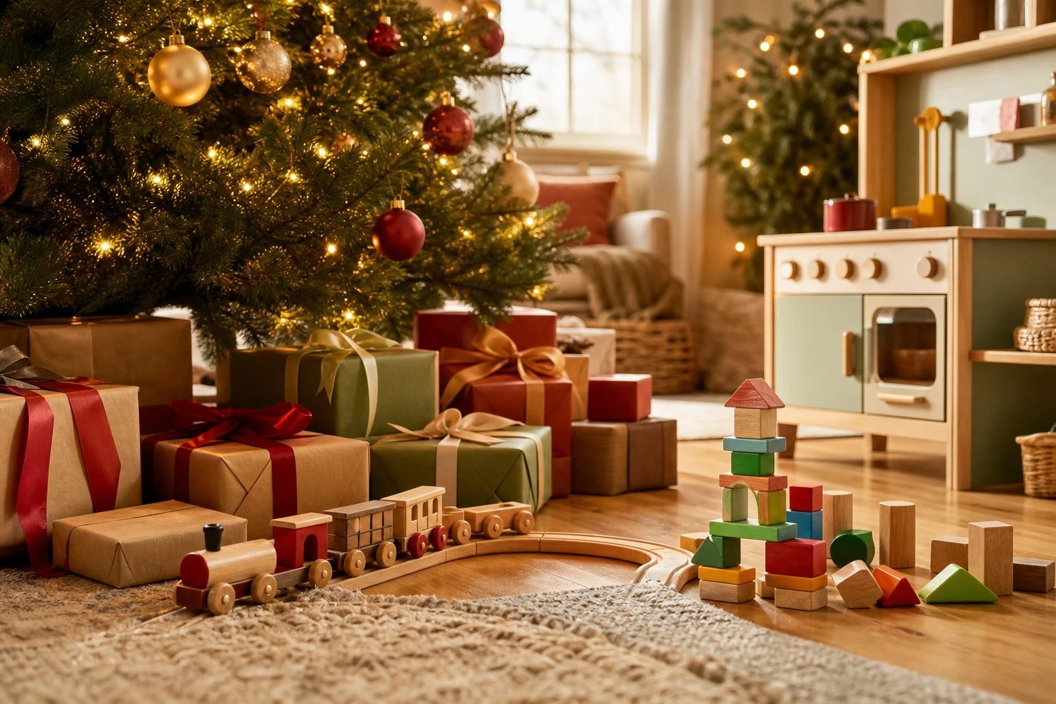 Premium editorial photograph of wrapped Christmas gifts and a few generic wooden and colorful toys under a decorated Christmas tree in a coz