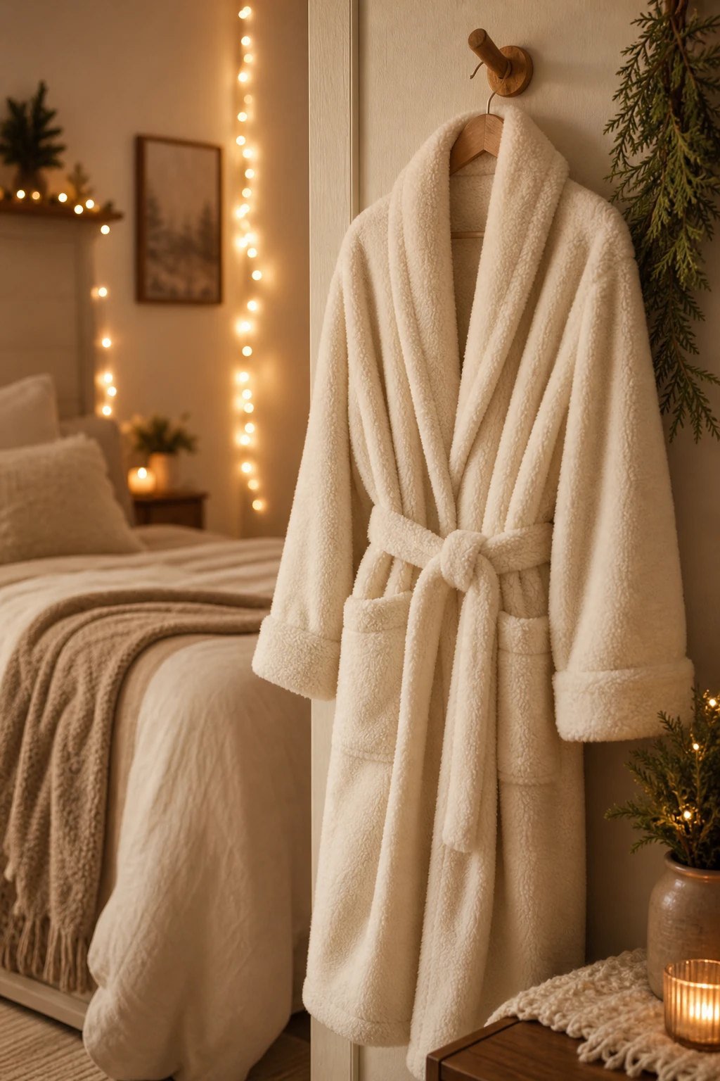 A fluffy plush cream fleece robe hanging on a wooden hook in a cozy bedroom