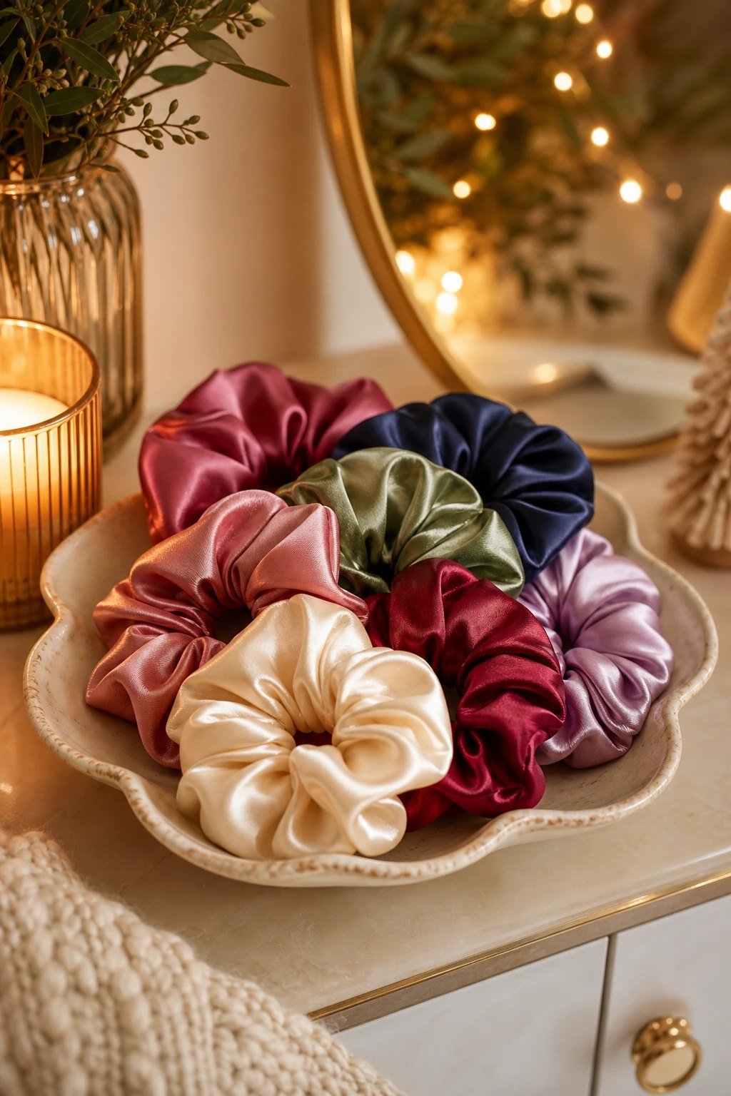 A small pile of colorful satin scrunchies in a ceramic dish on a vanity
