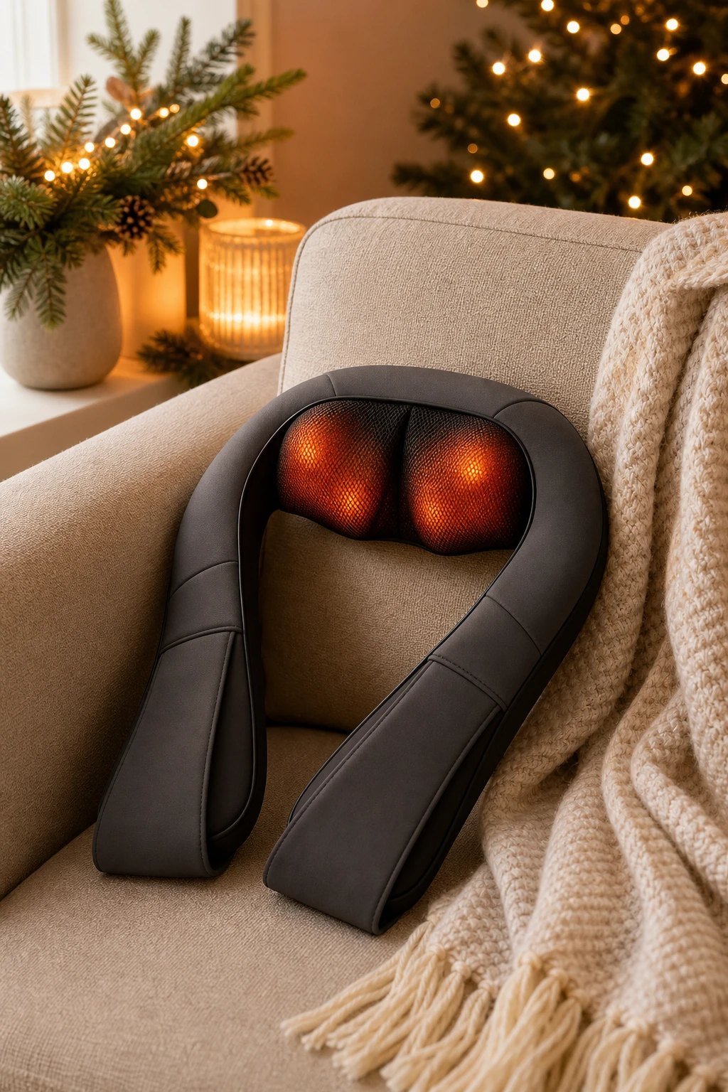 A heated shiatsu neck and shoulder massager resting on a sofa beside a throw blanket