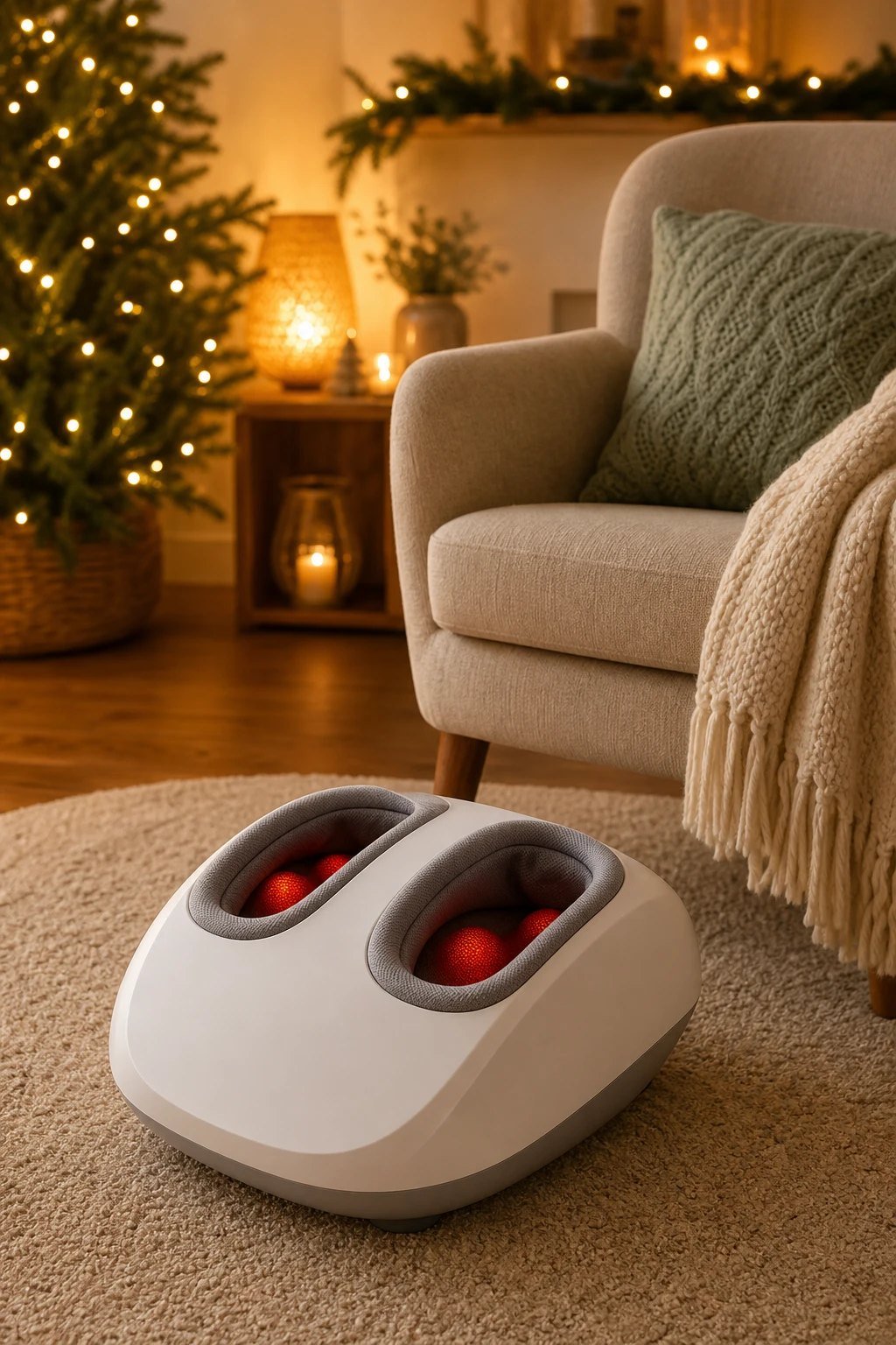 A white shiatsu foot massager on a living room rug beside a cozy armchair
