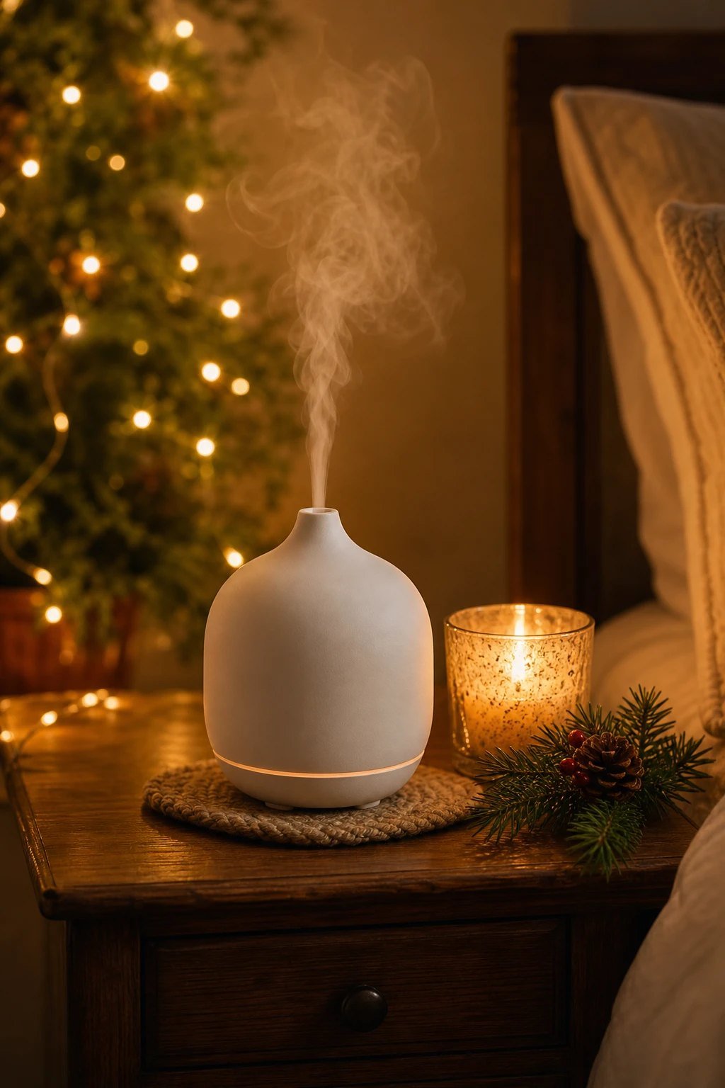 A small white essential oil diffuser releasing soft mist on a nightstand beside a candle