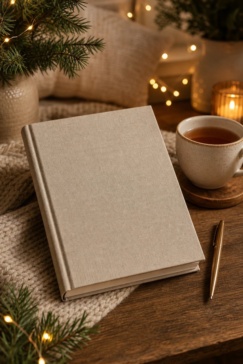 A guided keepsake journal with a plain linen cover beside a pen and a cup of tea