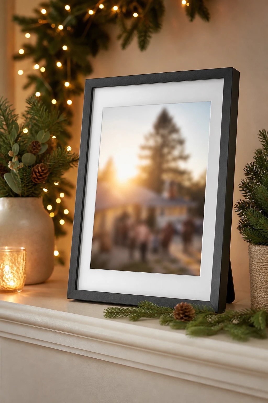 A modern digital picture frame showing a soft blurred family holiday photo on a mantel with greenery