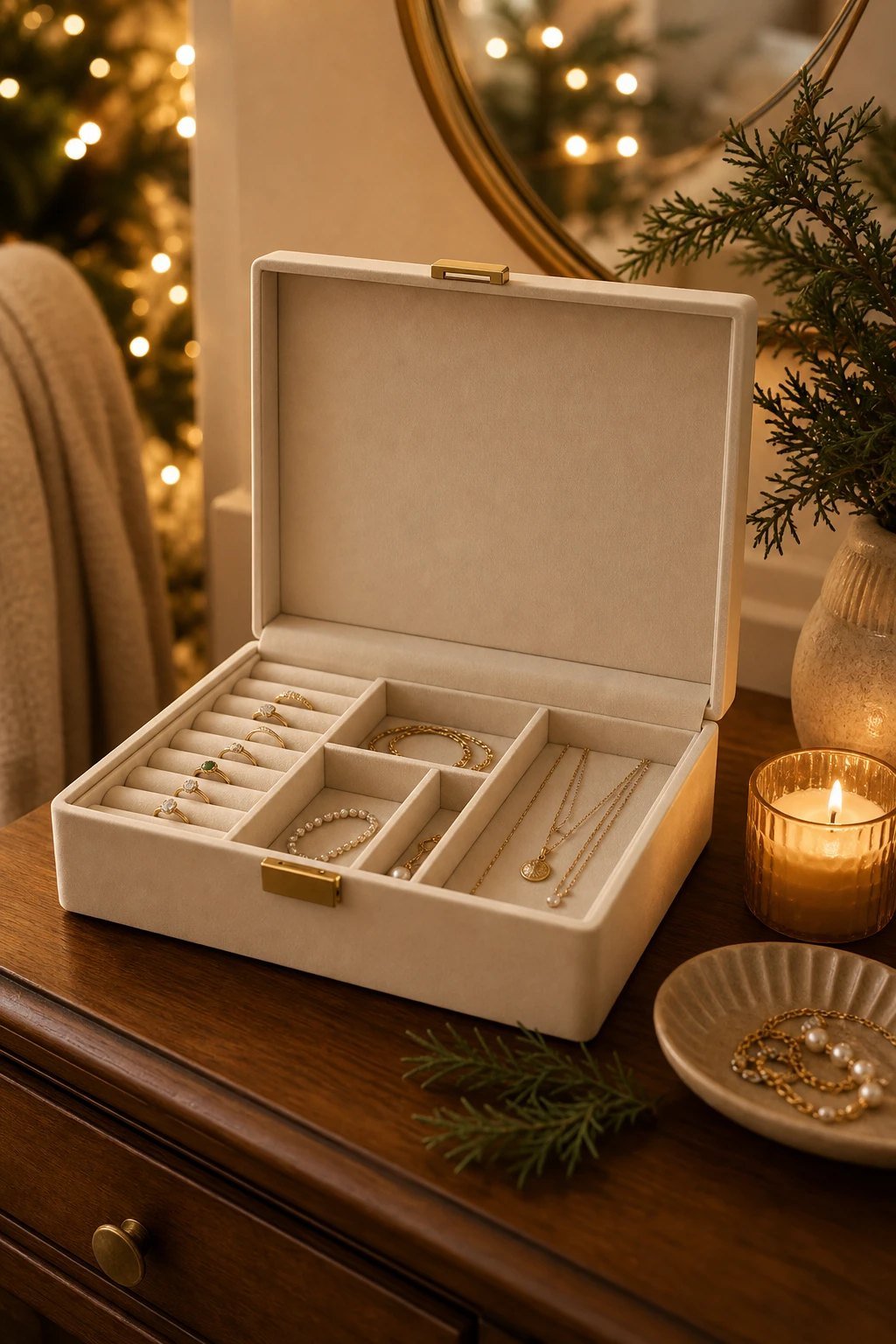 An open cream jewelry box with several compartments holding rings and necklaces on a dresser