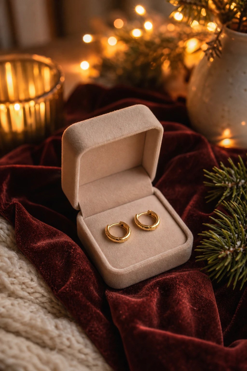 A pair of small gold huggie hoop earrings in a tiny open gift box on a velvet cloth