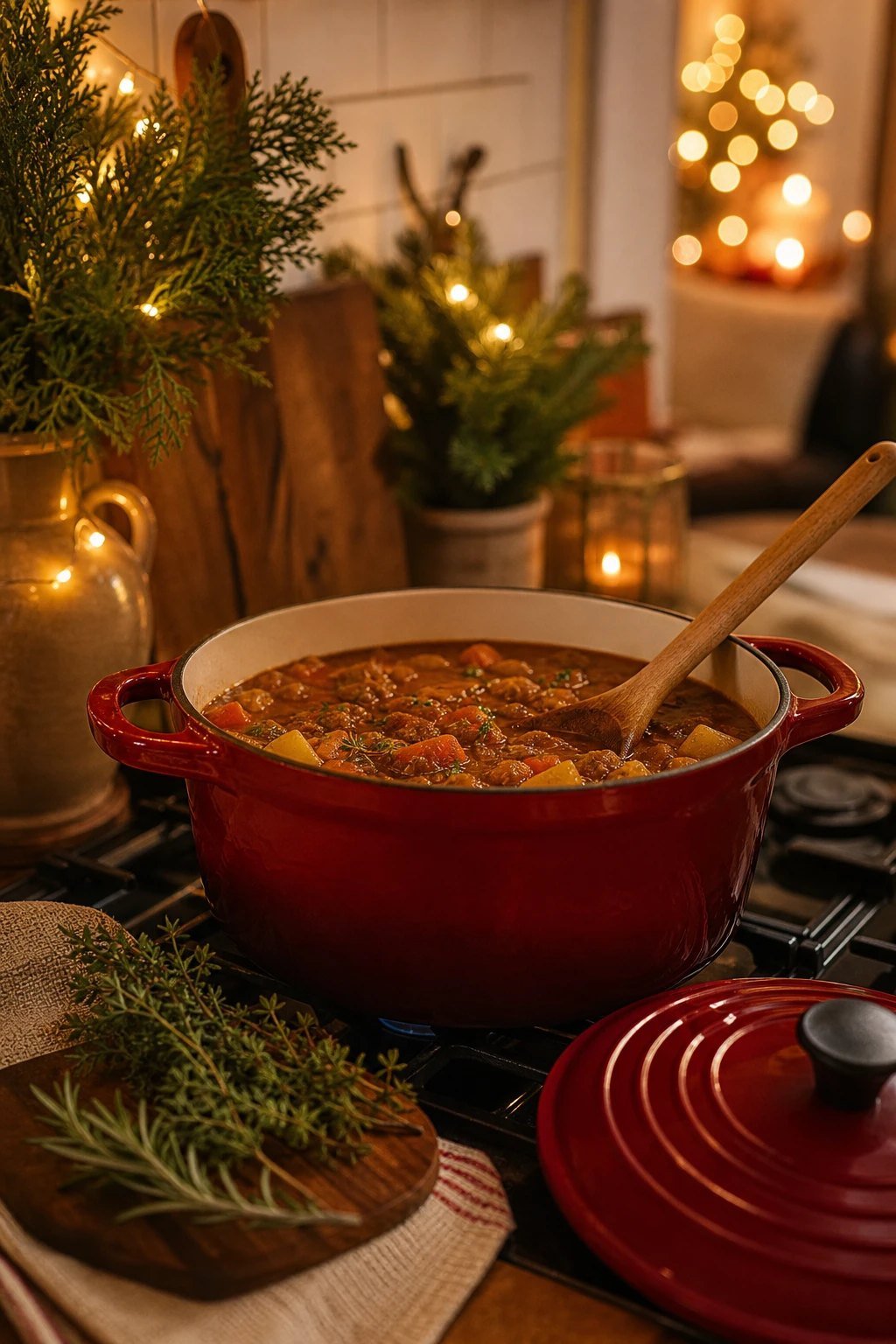 A red enameled cast iron Dutch oven on a stove with a wooden spoon and fresh herbs