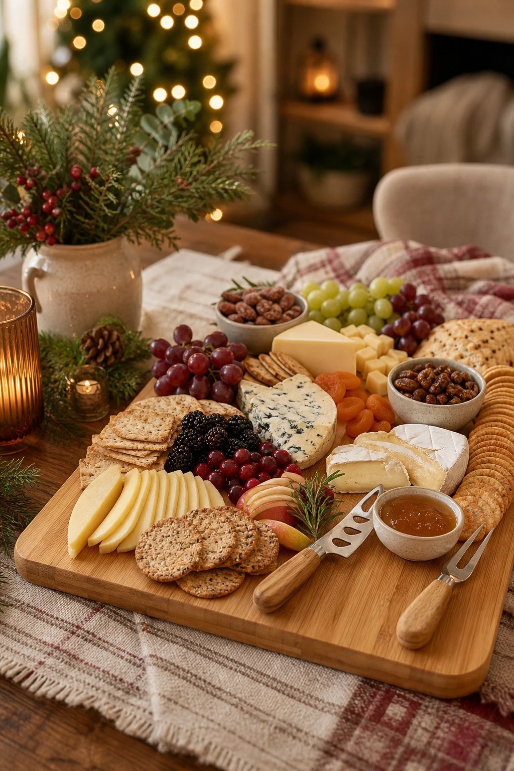 A large bamboo charcuterie board laid with cheese