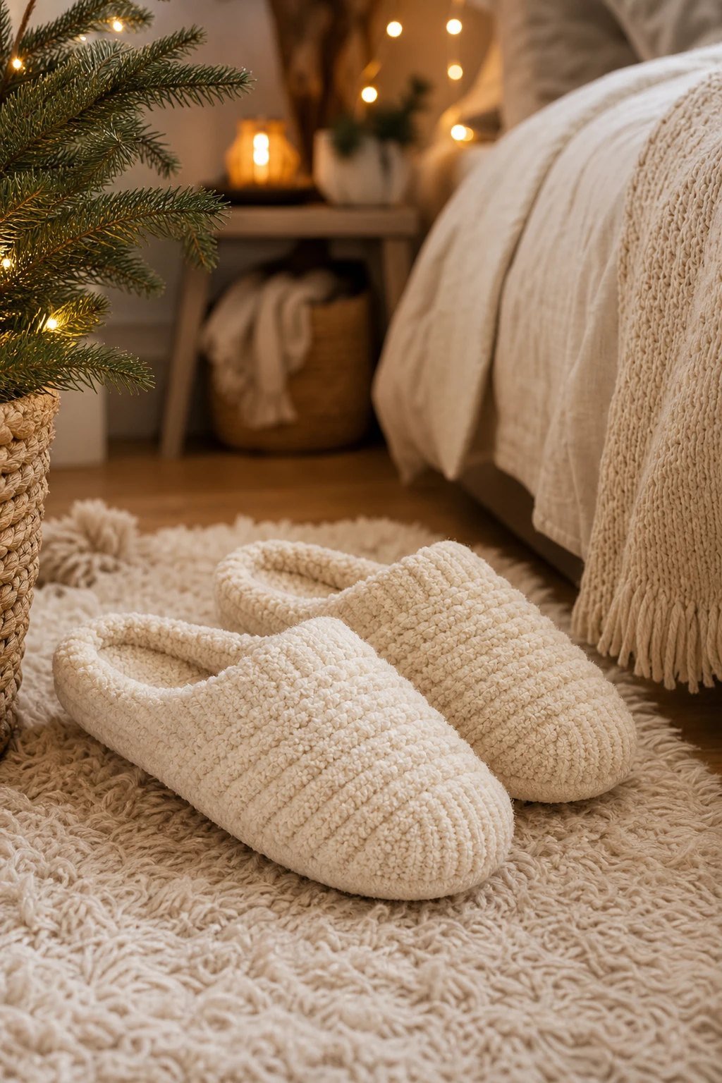 A pair of cozy cream chenille knit fuzzy slippers on a soft rug beside a bed