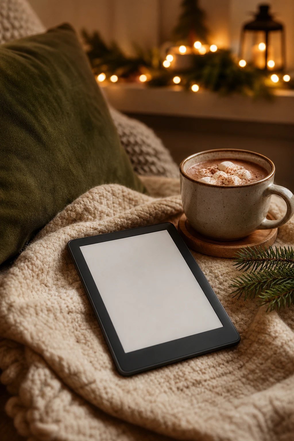A slim e-reader with a blank screen resting on a cozy blanket beside a mug of cocoa