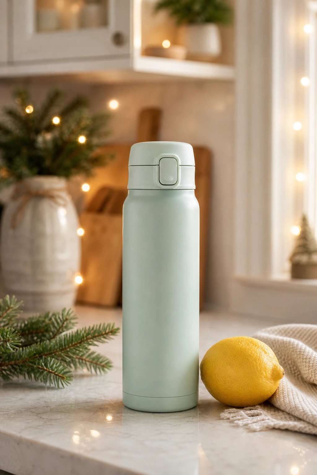 A pastel stainless steel water bottle with a flip lid on a kitchen counter beside a lemon