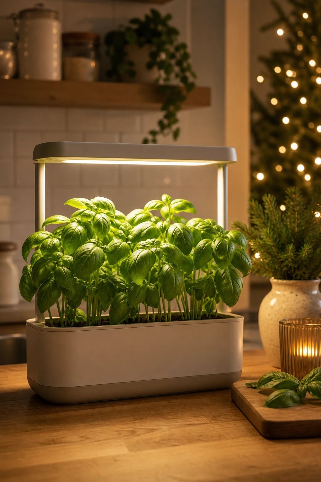 A small indoor herb garden with a grow light and fresh green basil on a kitchen counter