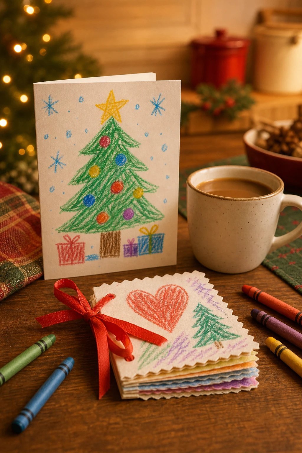 A child-made Christmas card and a handmade paper coupon booklet tied with red ribbon on a kitchen table beside crayons and a cup of coffee