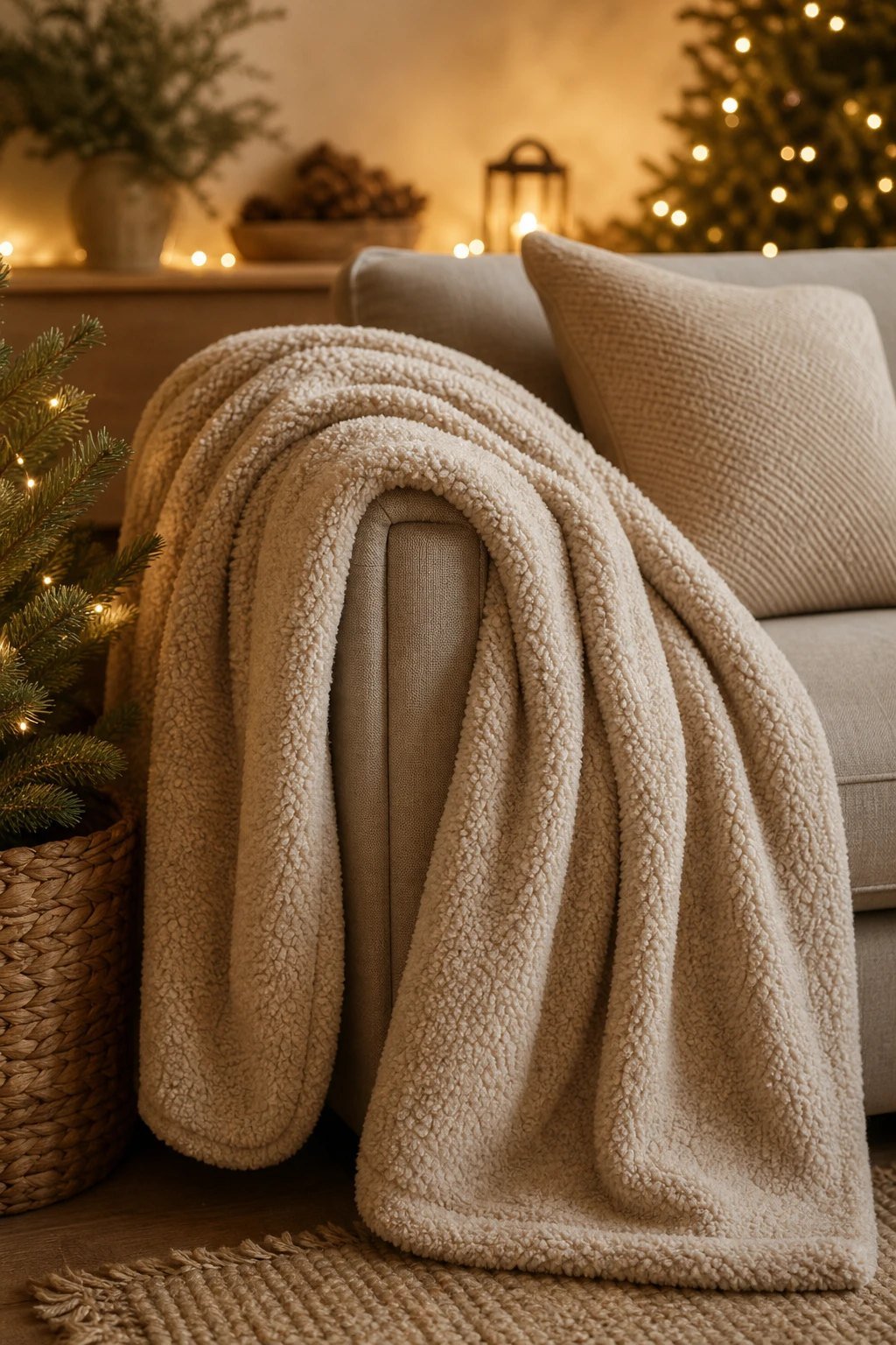 A soft oatmeal sherpa fleece blanket draped over the arm of a sofa with a cushion