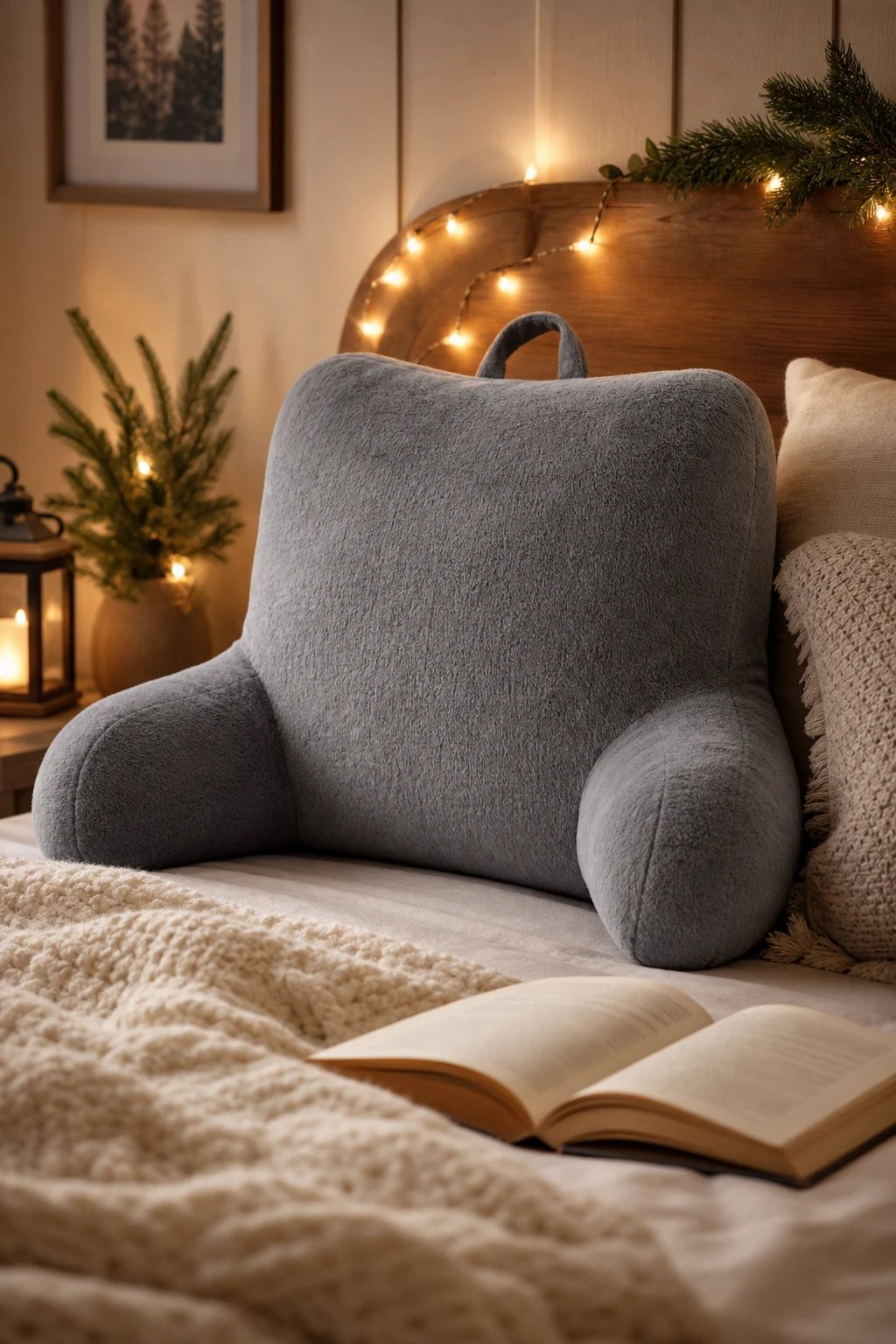 A plush grey reading pillow with arms propped against a bed headboard beside an open book