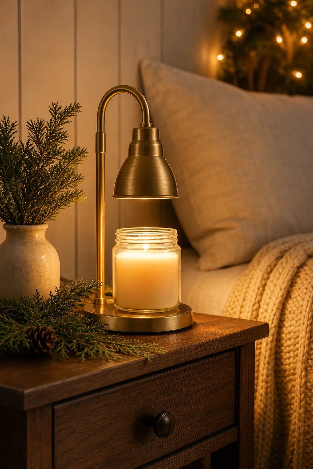 A small brass candle warmer lamp shining down on a jar candle on a bedside table