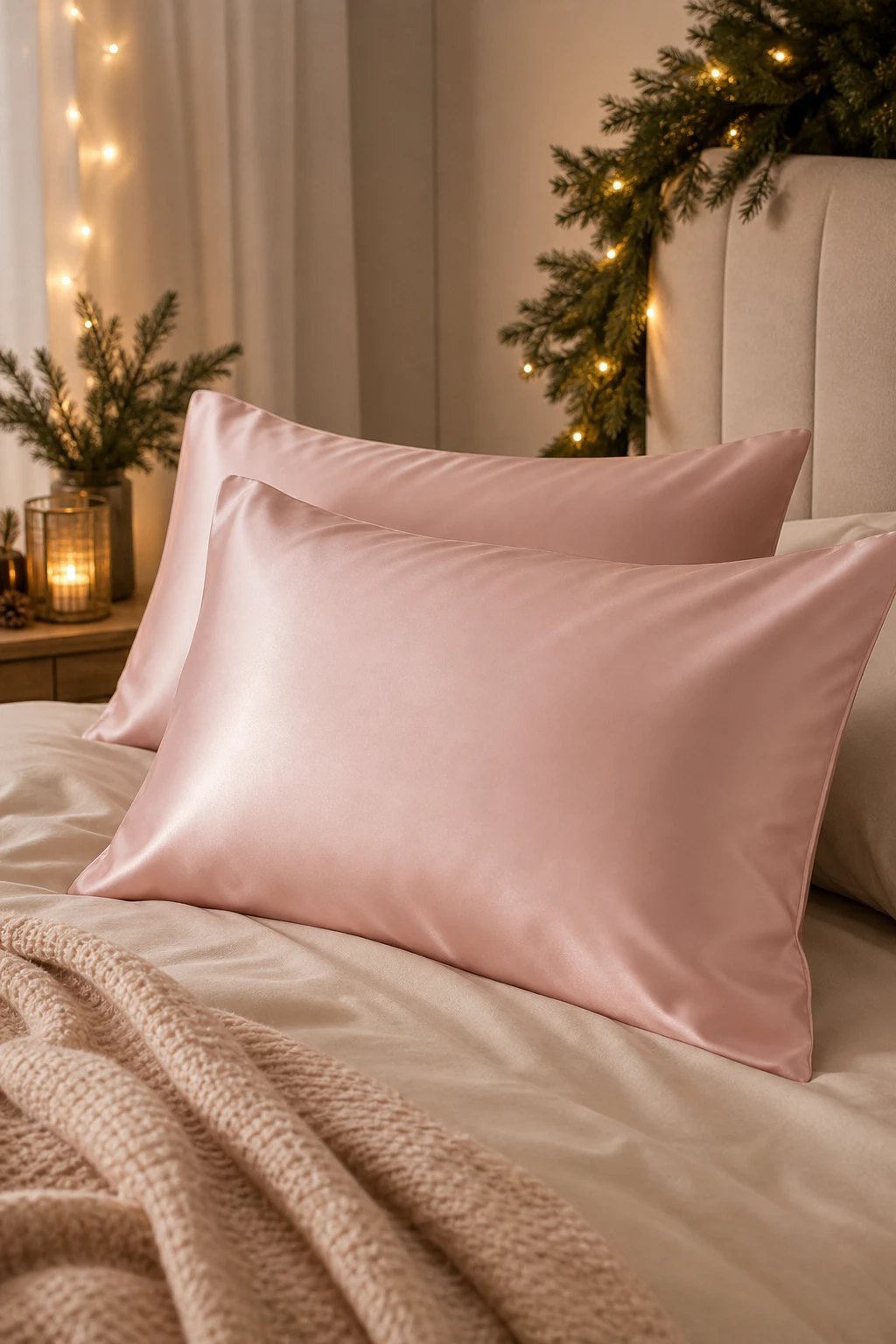 Two blush pink satin pillowcases on a neatly made bed with a soft sheen