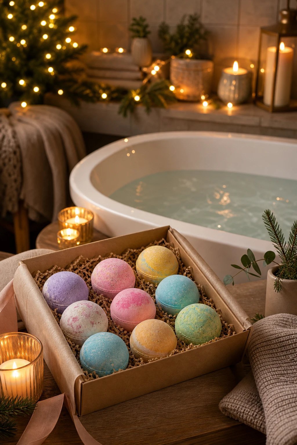 A gift box of colorful round bath bombs beside a filled bathtub with candles