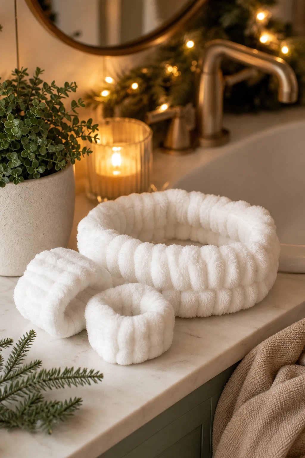 A fluffy white spa headband with matching wristbands beside a bathroom sink and a small plant