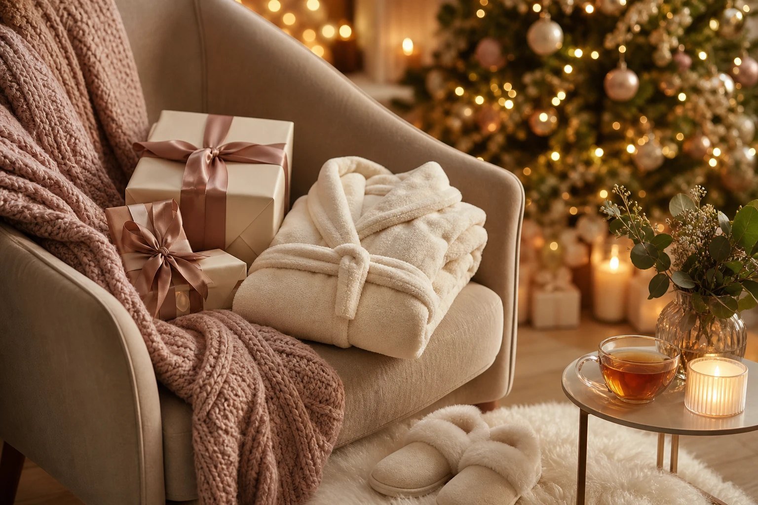 Premium editorial photograph of beautifully wrapped Christmas gifts for mom on a cozy armchair