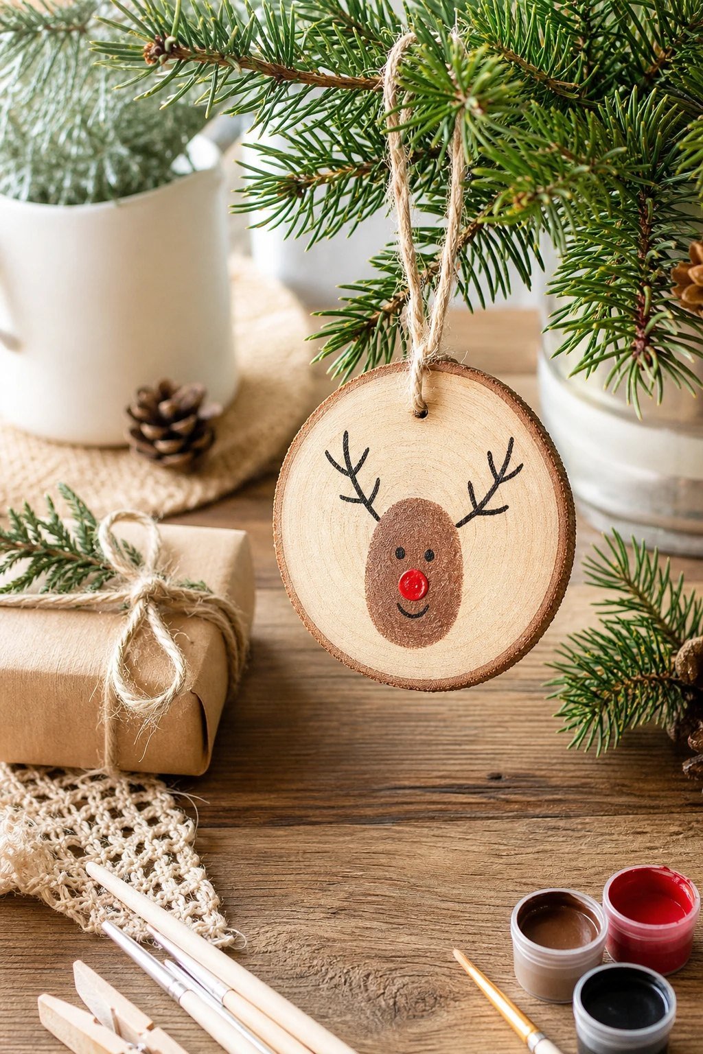 A thumbprint reindeer wood slice