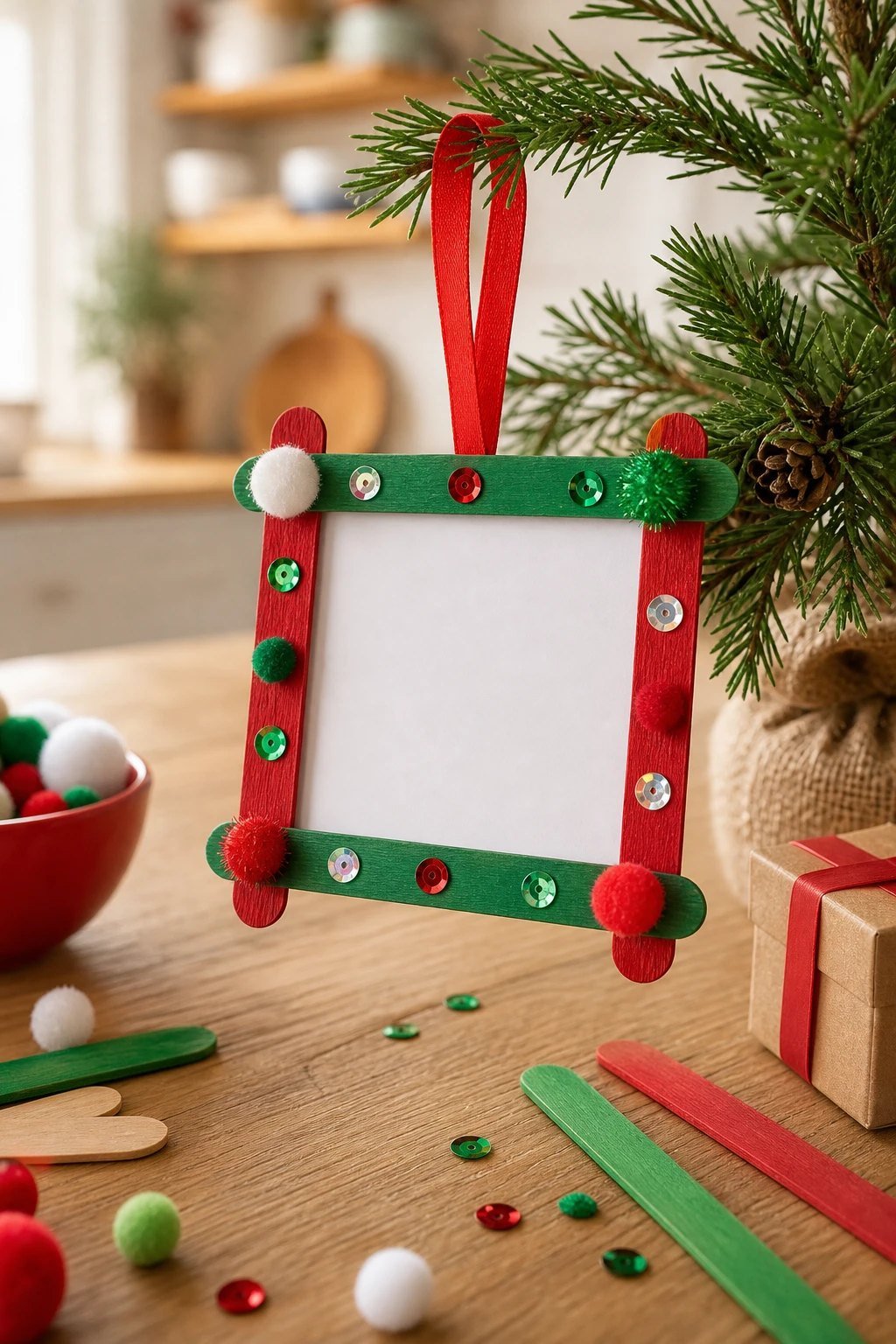 A craft stick photo frame ornament