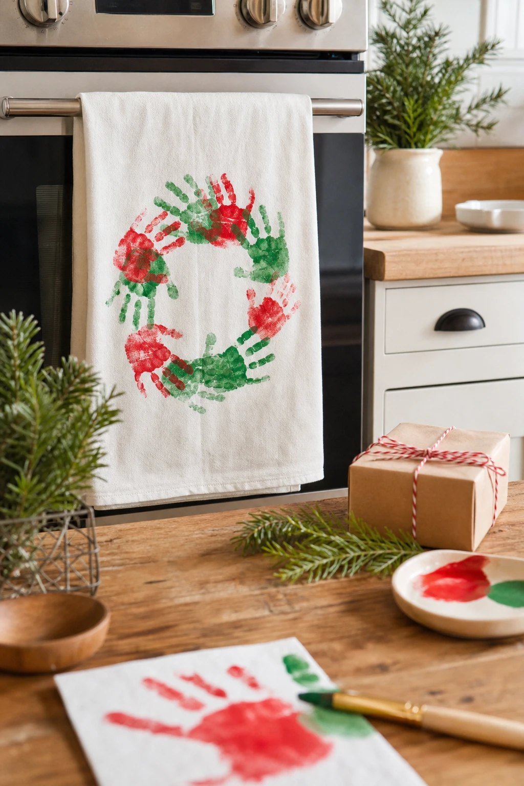 A handprint tea towel