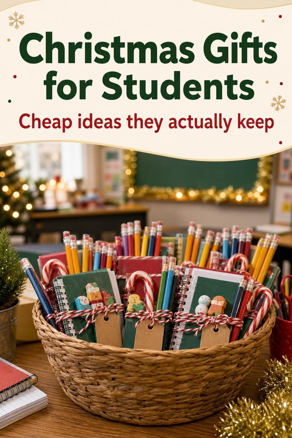 Basket of pencils, erasers, candy canes and notebooks tied with name tags as Christmas gifts for students