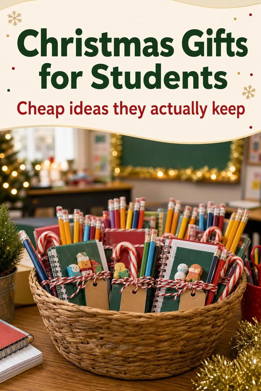 Basket of pencils, erasers, candy canes and notebooks tied with name tags as Christmas gifts for students