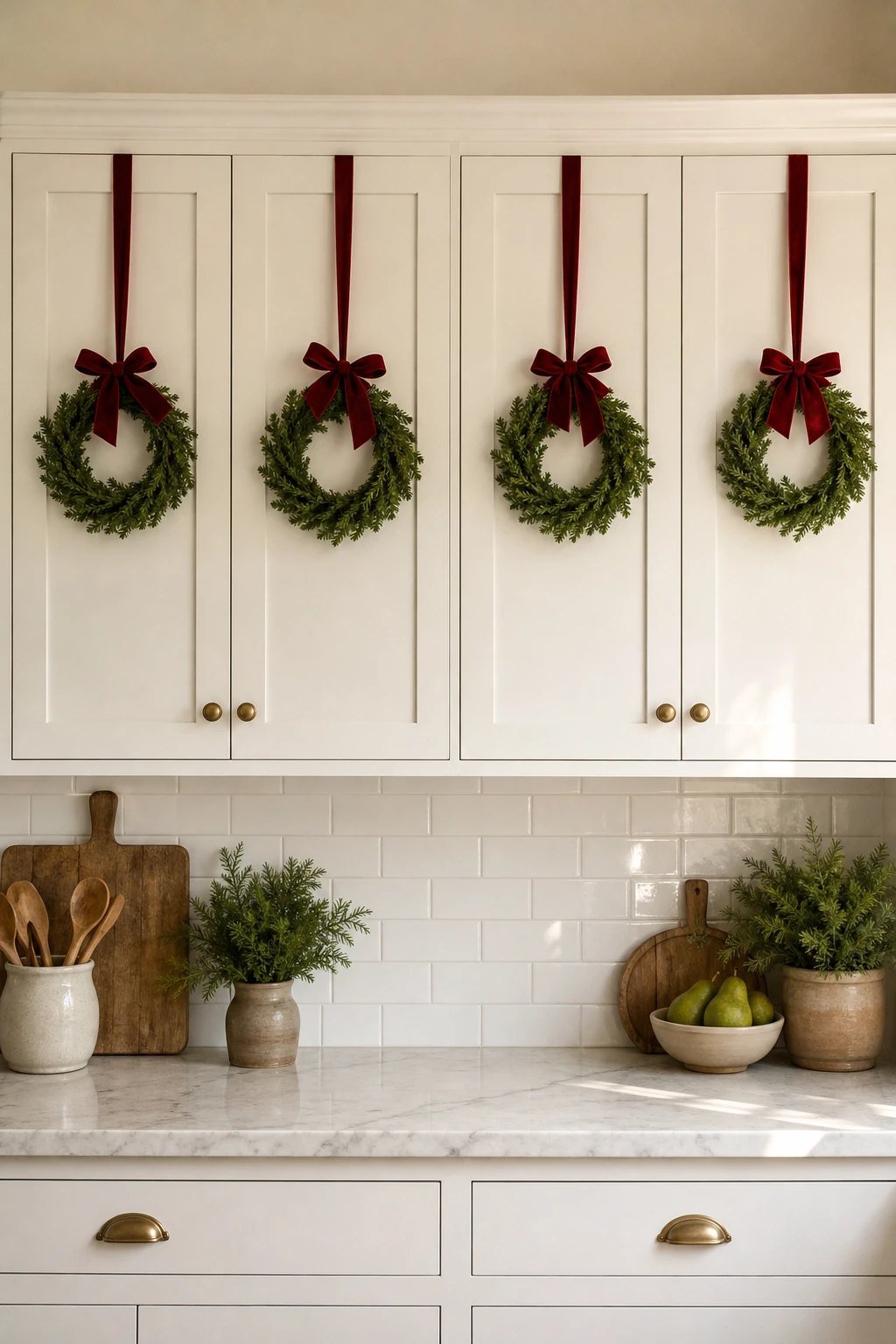 Mini wreaths on every upper cabinet