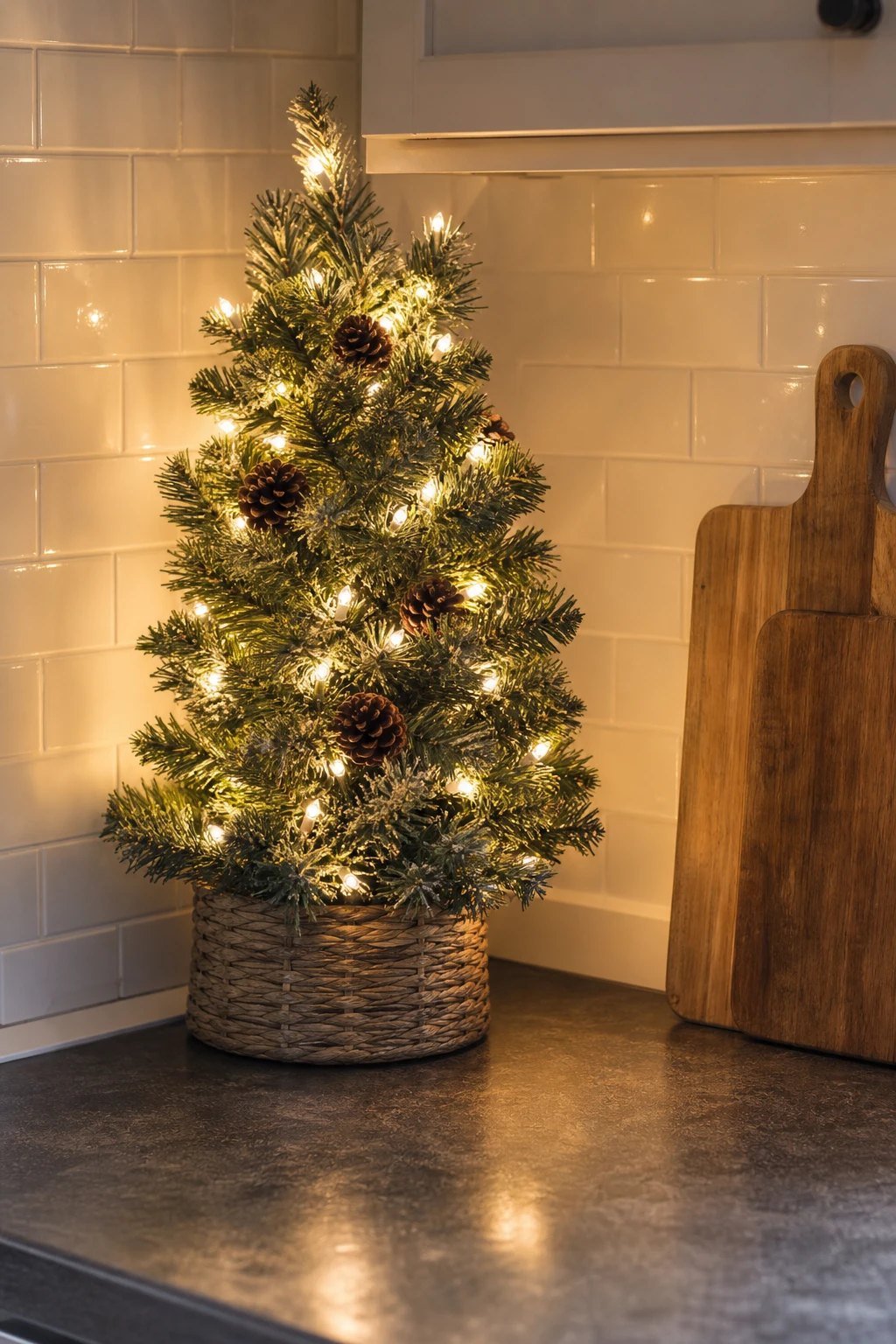 A small tree in the corner of the counter
