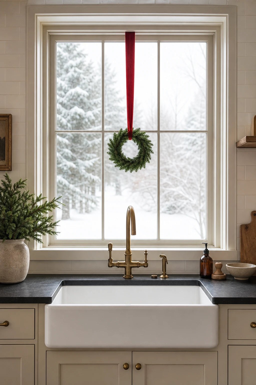 A wreath hung in the window