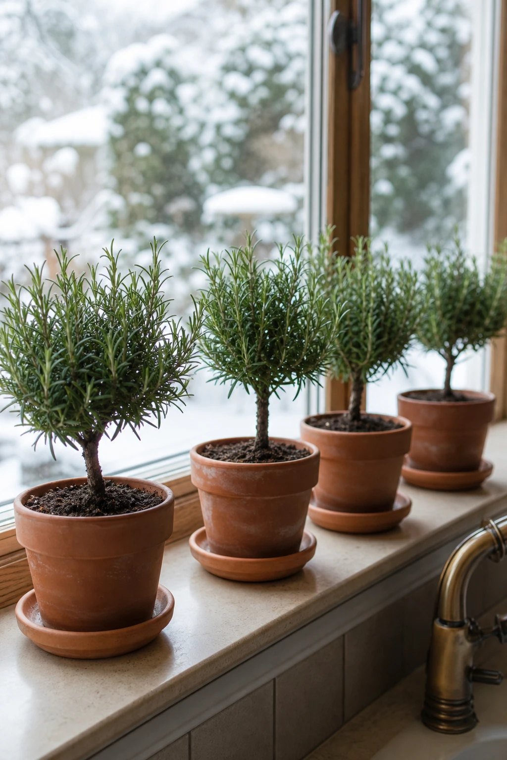 Herbs and mini trees on the sill