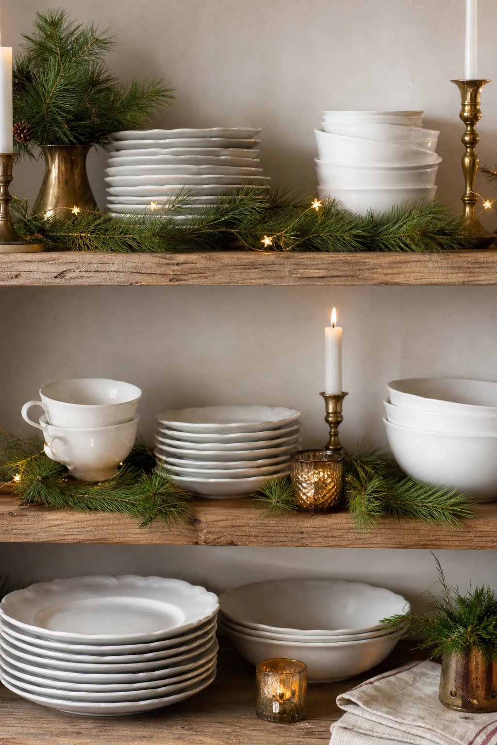 Style open shelves with greenery and white dishes
