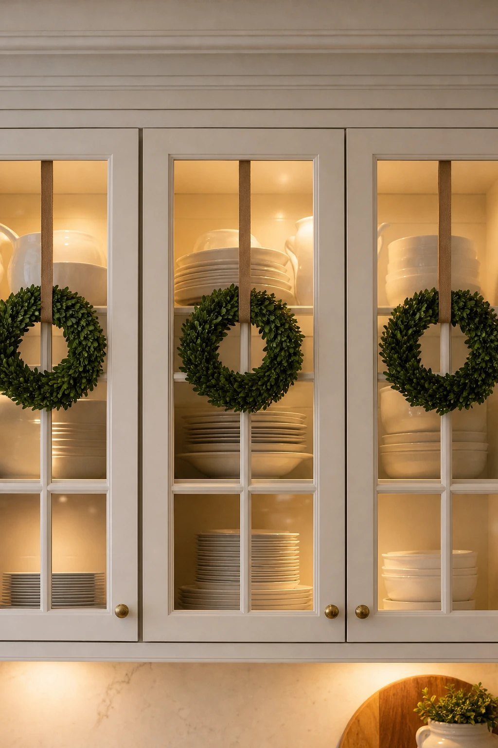 Wreaths on glass front cabinets