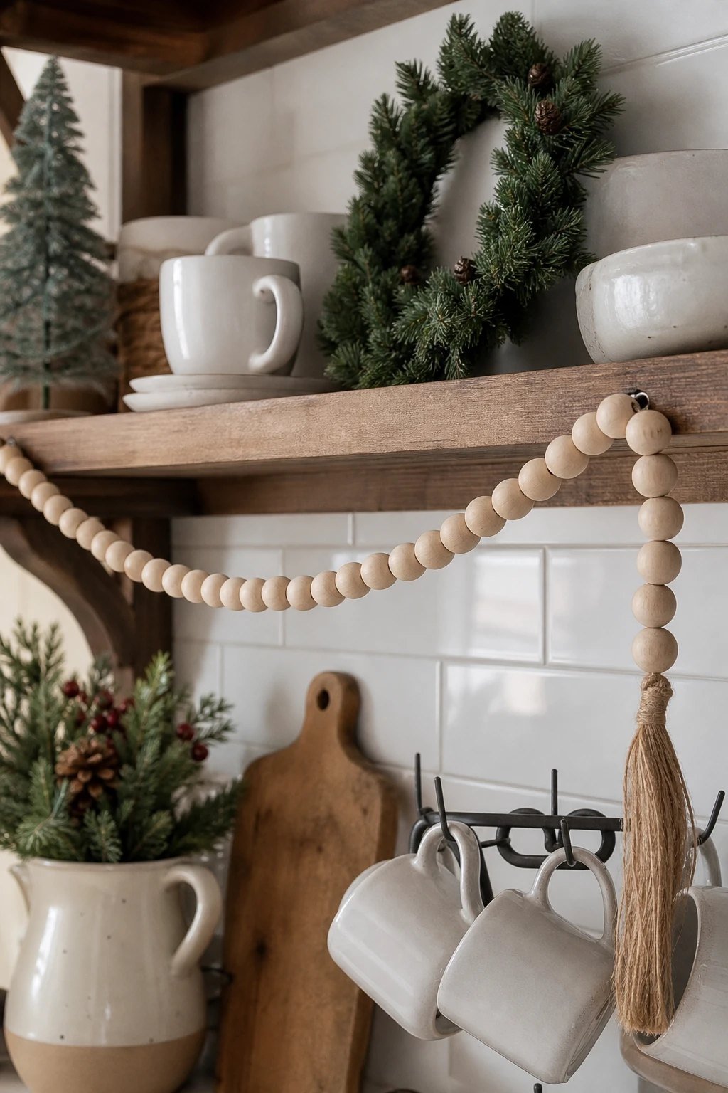 Bead garland on the shelf edge