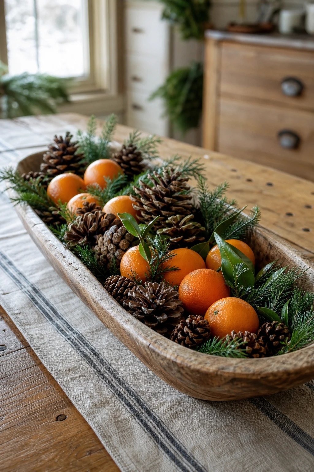 Pinecones and clementines in a dough bowl