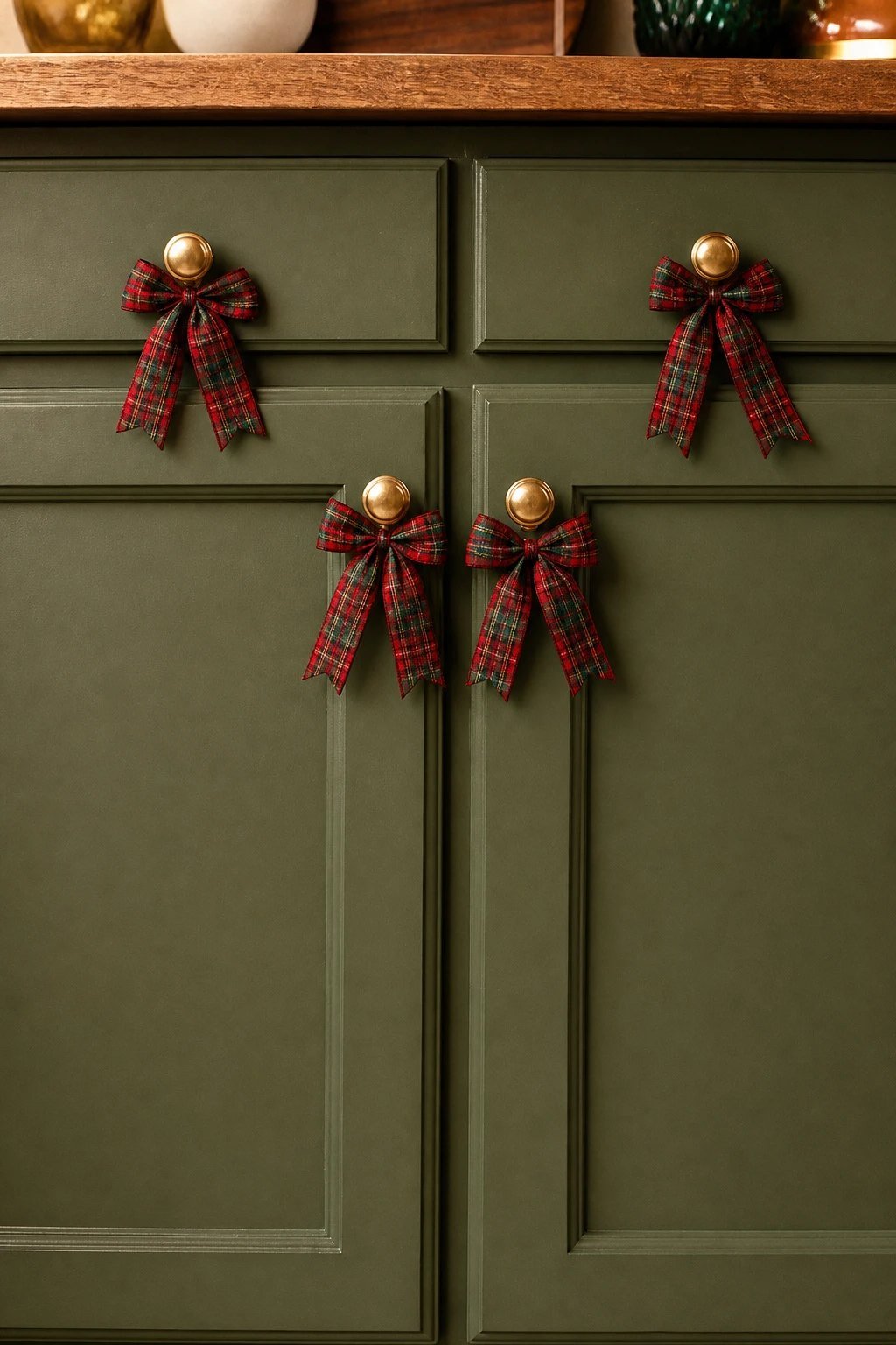 Ribbon bows on lower cabinet knobs