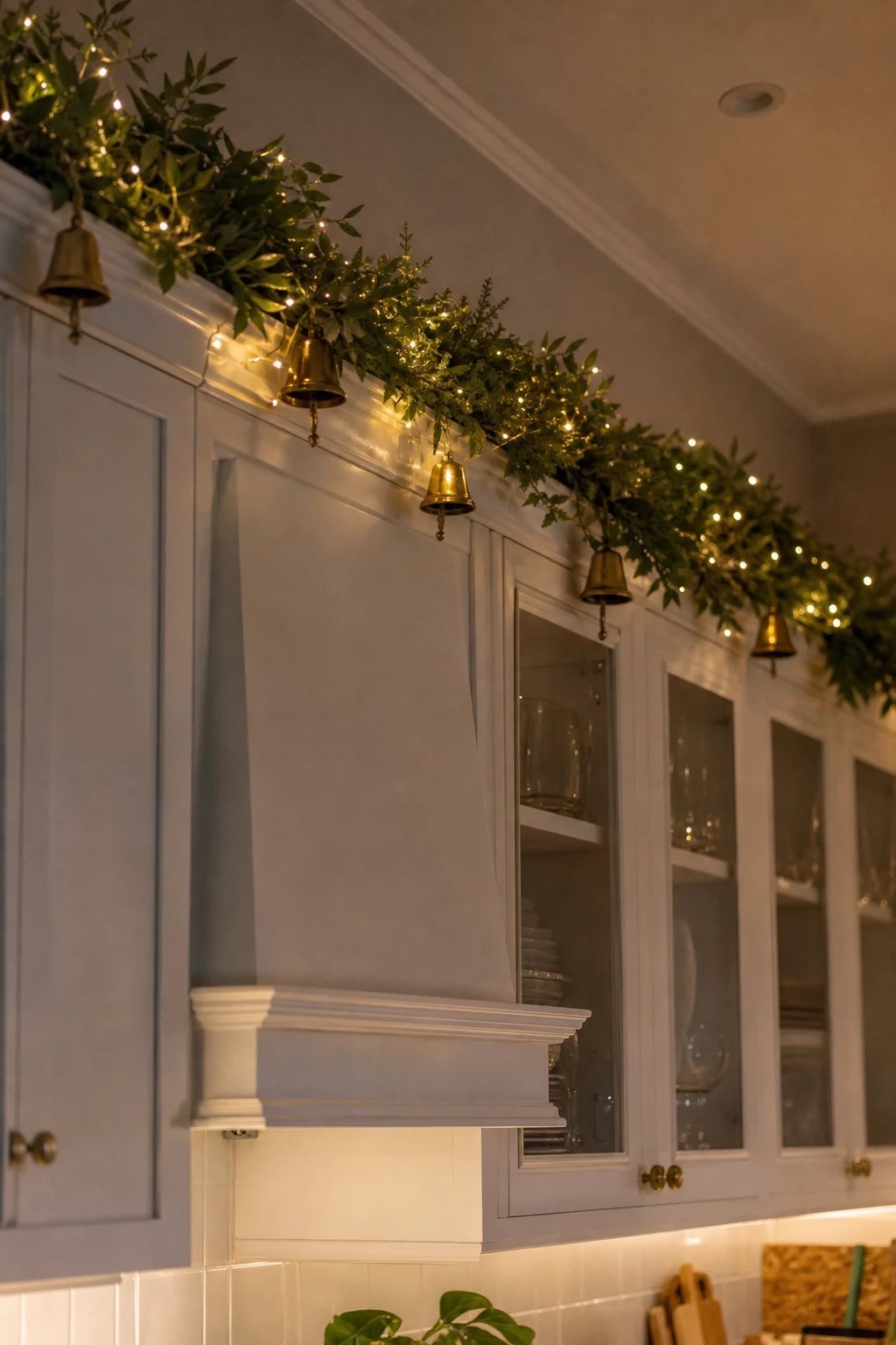 A garland above the cabinets