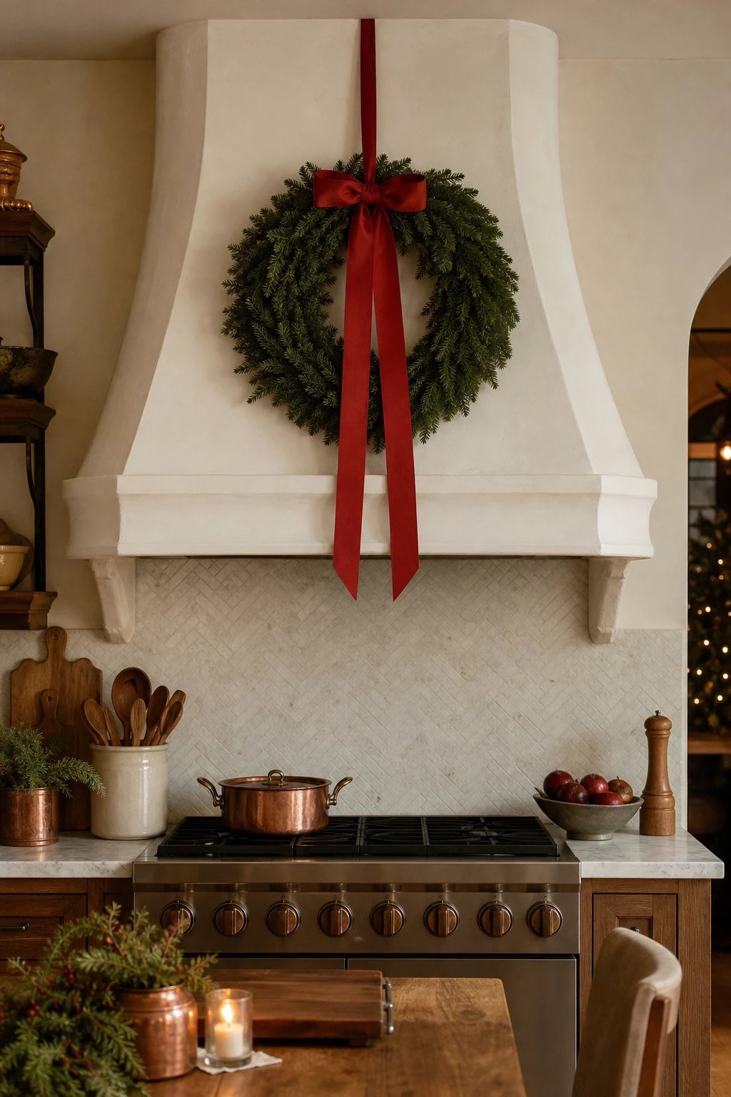 A wreath on the range hood