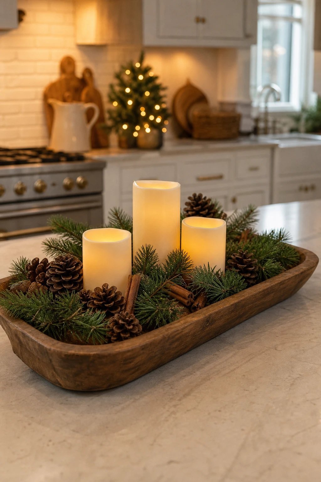 A tray of greenery and candles
