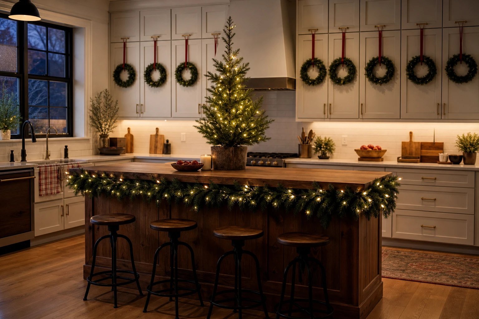 Warm Christmas kitchen with mini wreaths on the cabinets and a garland along the island