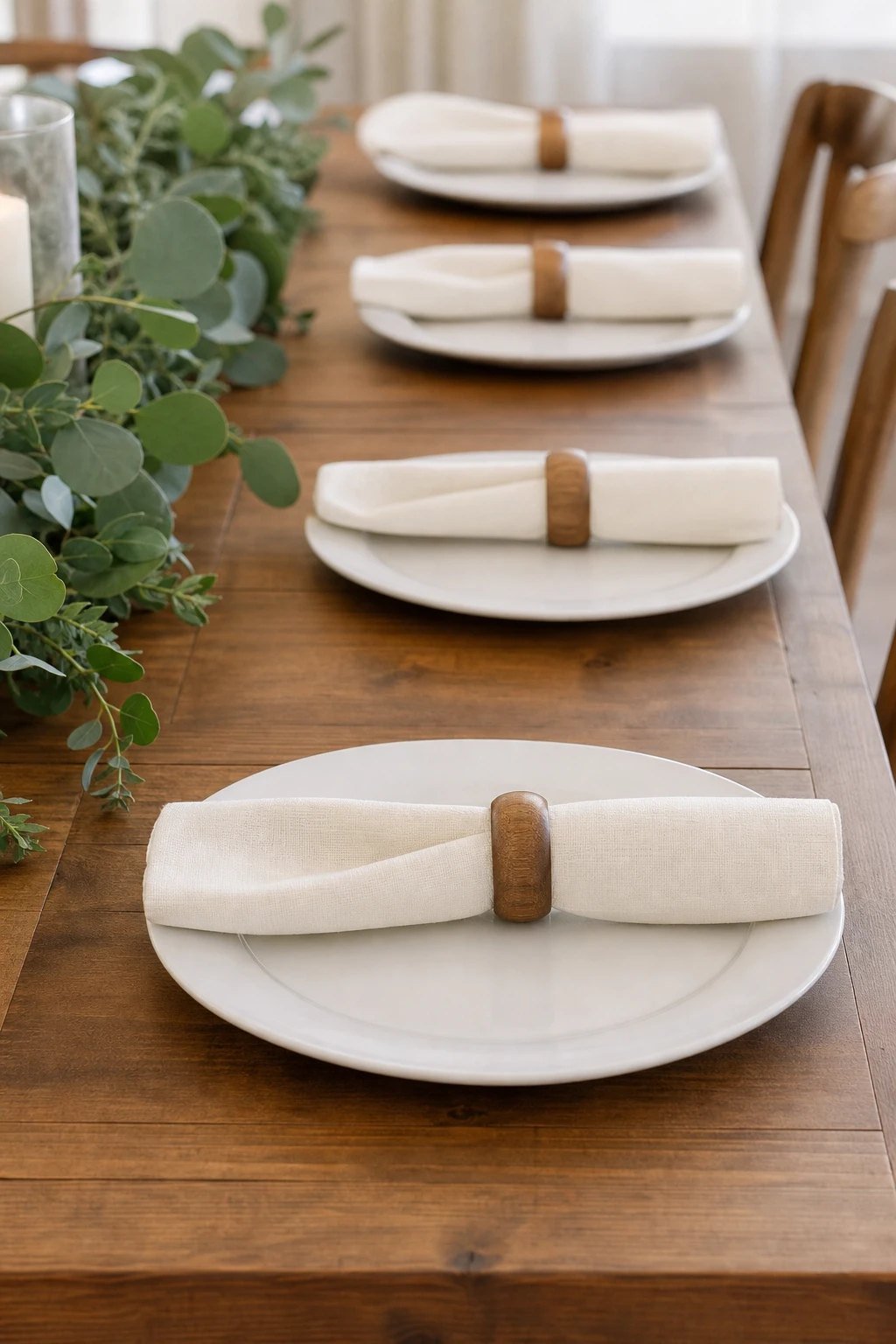 Wooden napkin rings and cloth napkins