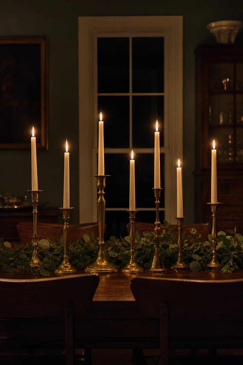 Taper candles in brass holders