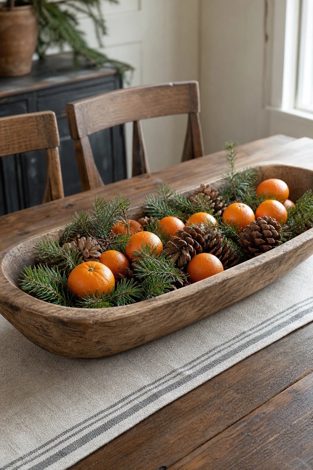 A wooden dough bowl centerpiece